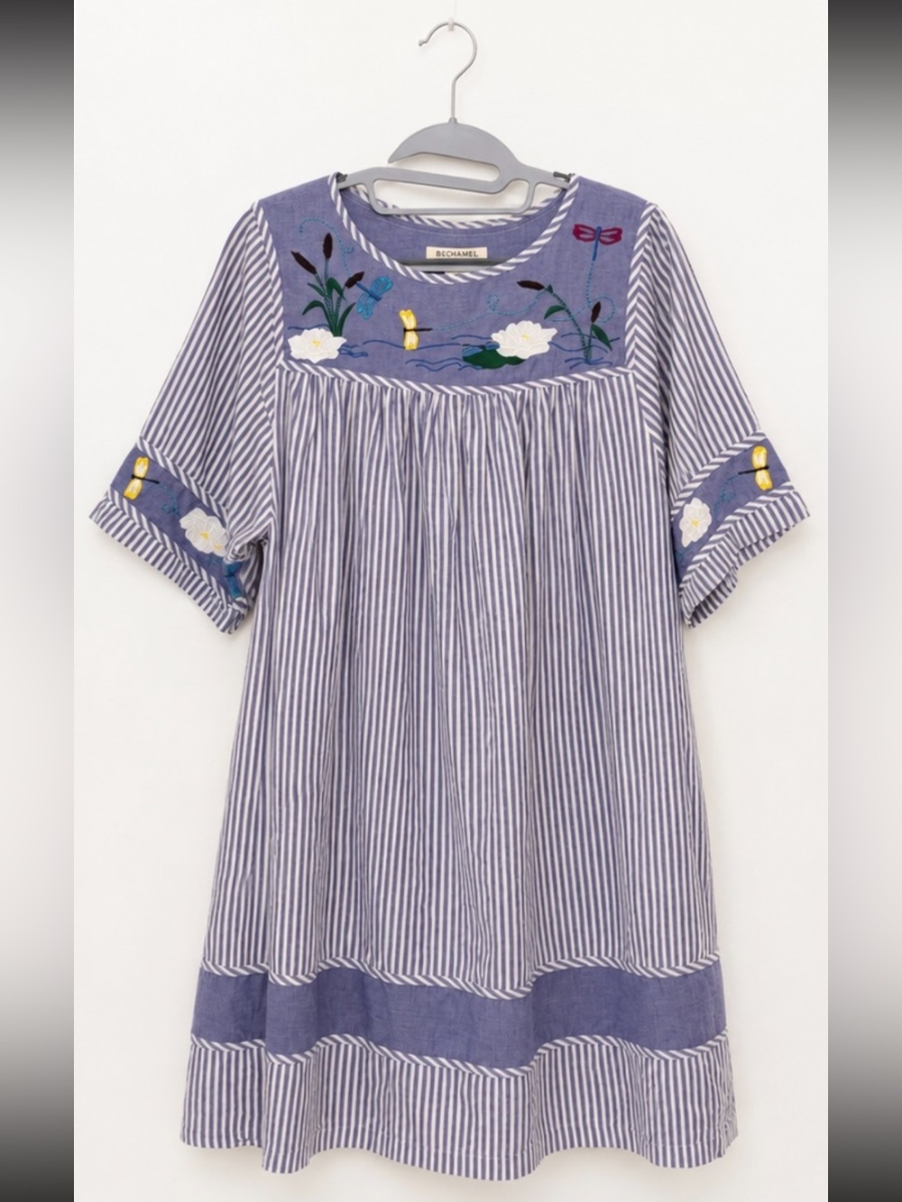 Vintage Bechamel Purple/White Striped Embroidered Patio Tunic Dress - Size M(P)